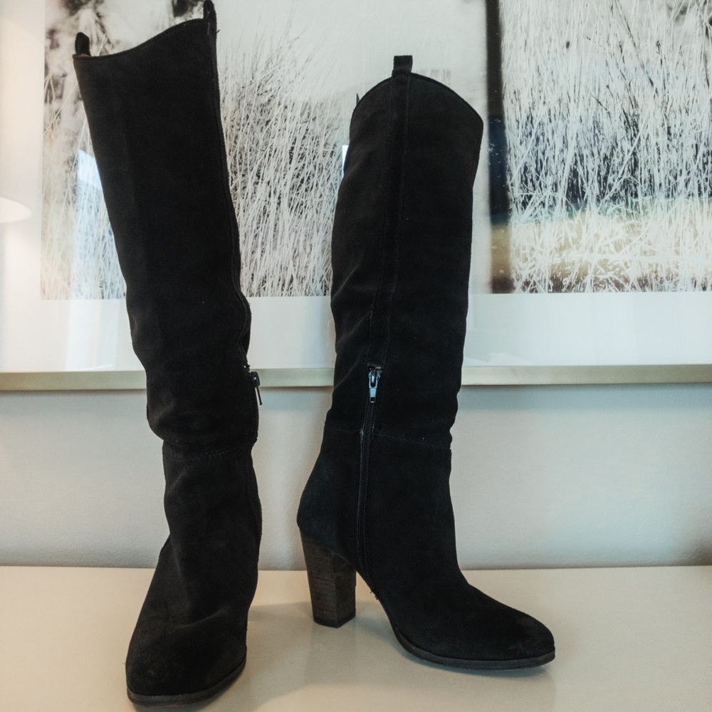 Black suede block heel slouchy boots